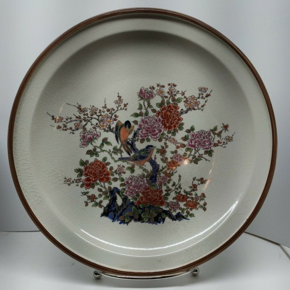 Toyo Japanese Porcelain 9.5" Plate w/ Robins Bluebirds Peonies Cherry Tree READ